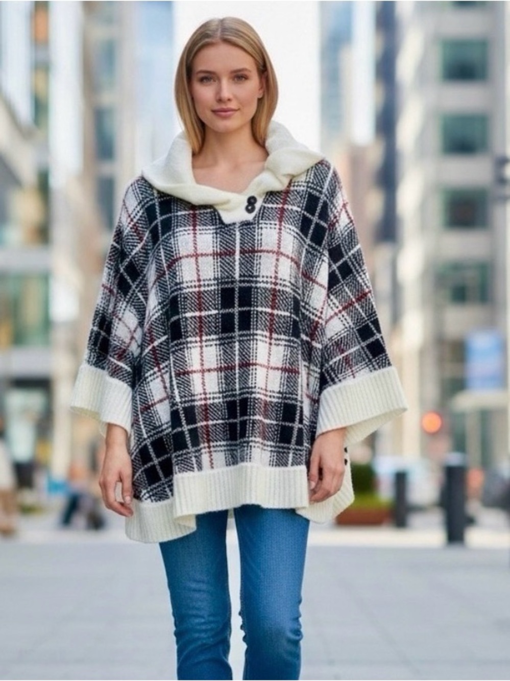 Talbots Plaid Knit Poncho Sweater